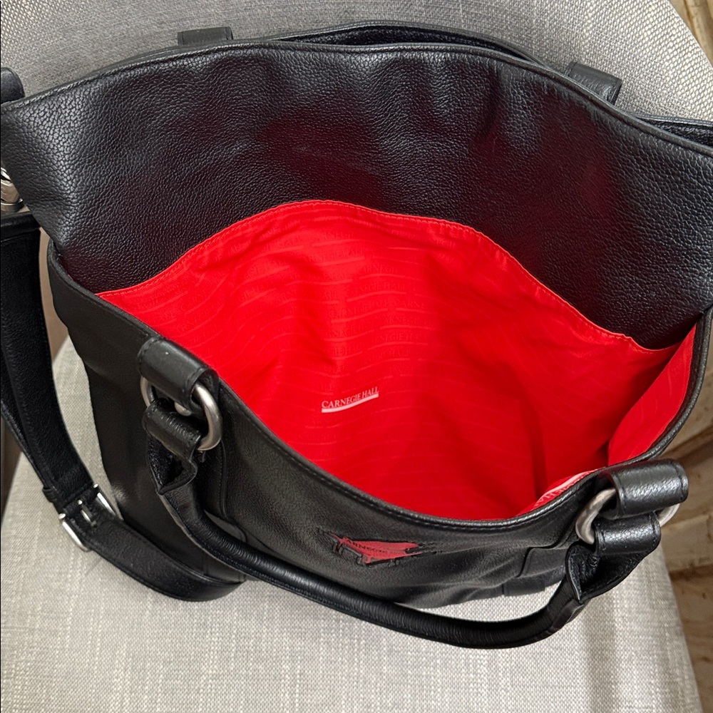 Carnegie Hall Black Leather Tote Bag with Red Logo-fits a computer or laptop. - Picture 8 of 10
